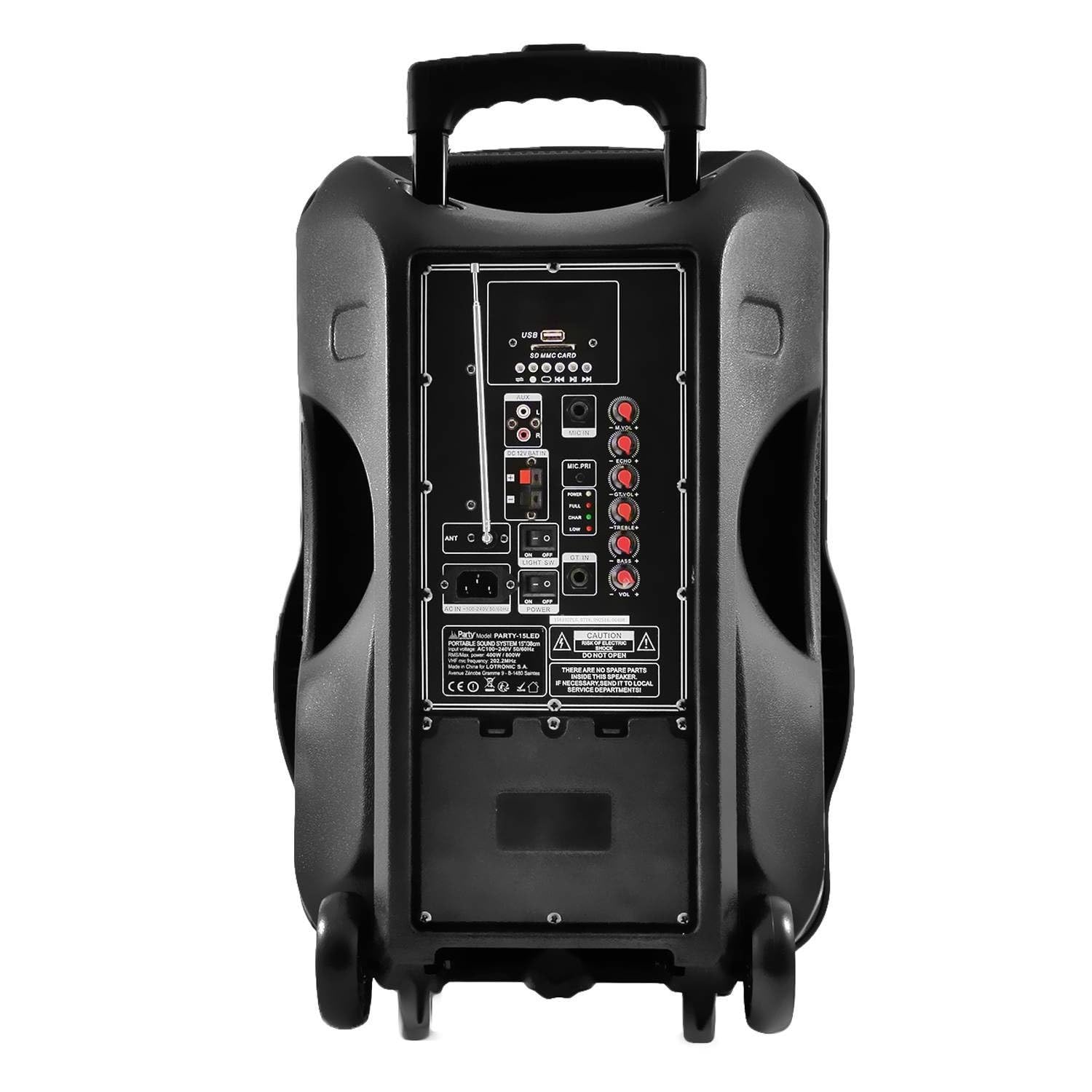 Enceinte Sono Mobile amplifiée 800W 15" LED/USB/BT/SD/FM + Micros sans-Fil/Filaire PARTY15