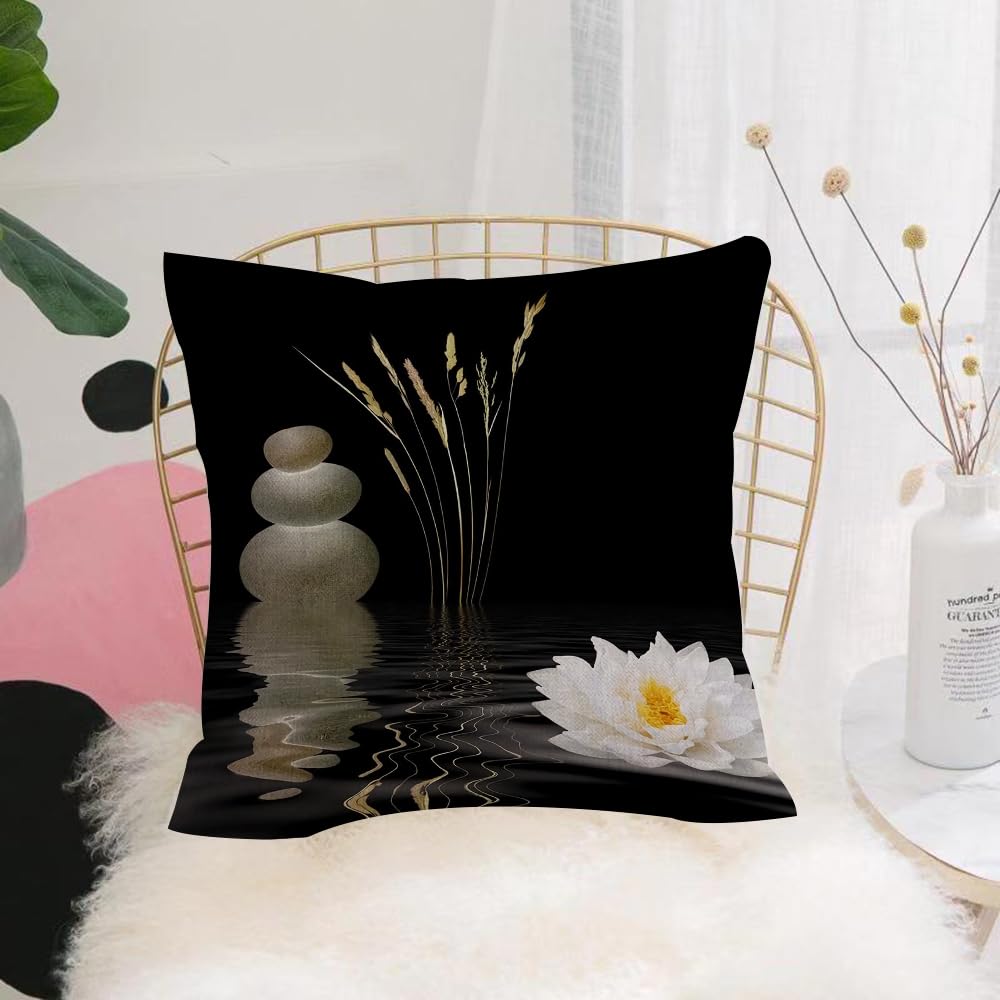 HYMSXW Cushion Cover,Throw Pillow Case Home Decorative for Living Room Bedroom Sofa Chair 20X20 Inch,Zen elements, stones, grass, lotus, tranquil scene of water Zen flowers,Pillowcase 50X50cm