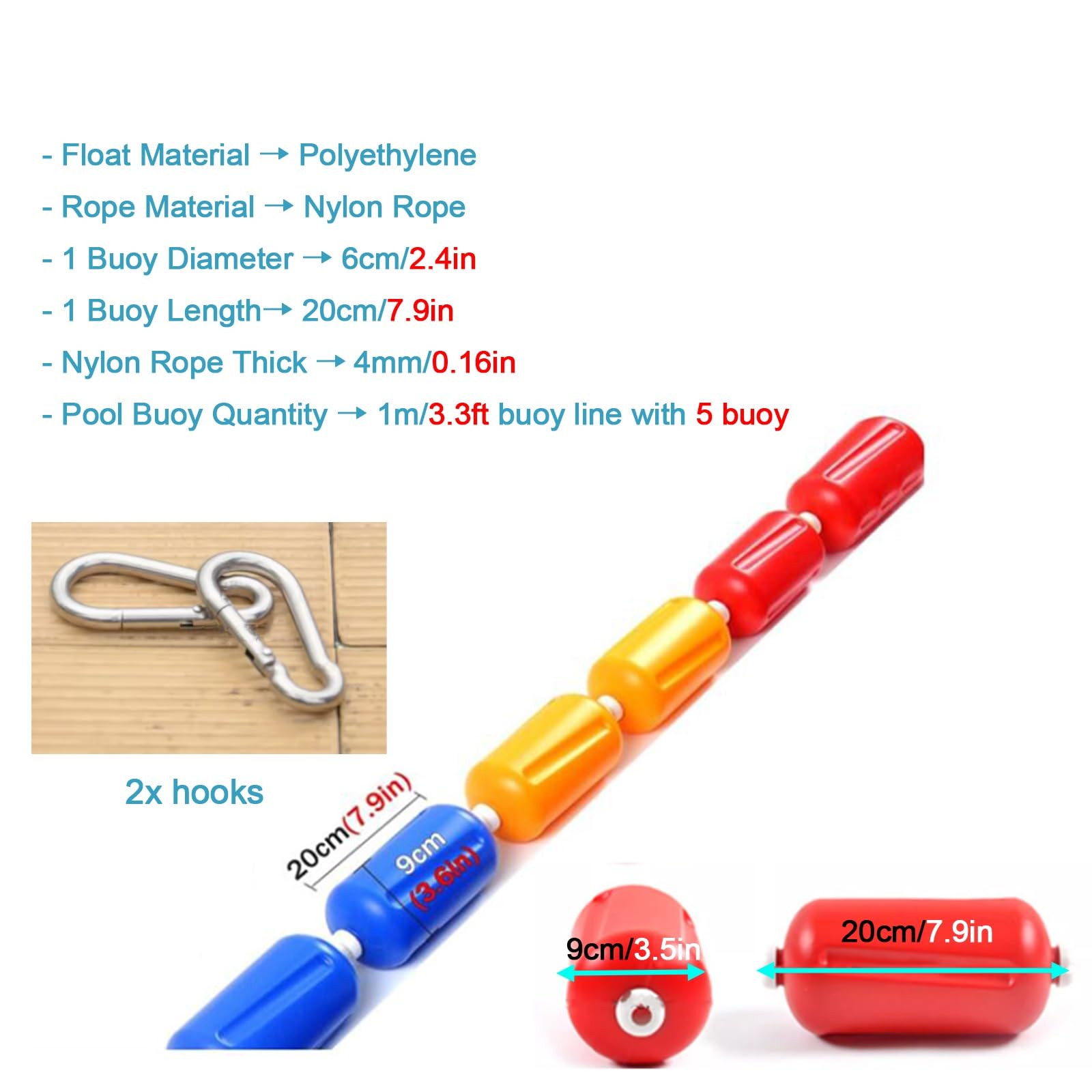 Red Blue Yellow Marker Floats Safety Divider Rope, 5 Buoys/m Swimming Lane Dividers Line Kit with Large 2 Hook, Home Commercial Pool Lane Divider (Size : 48m/157.5ft)