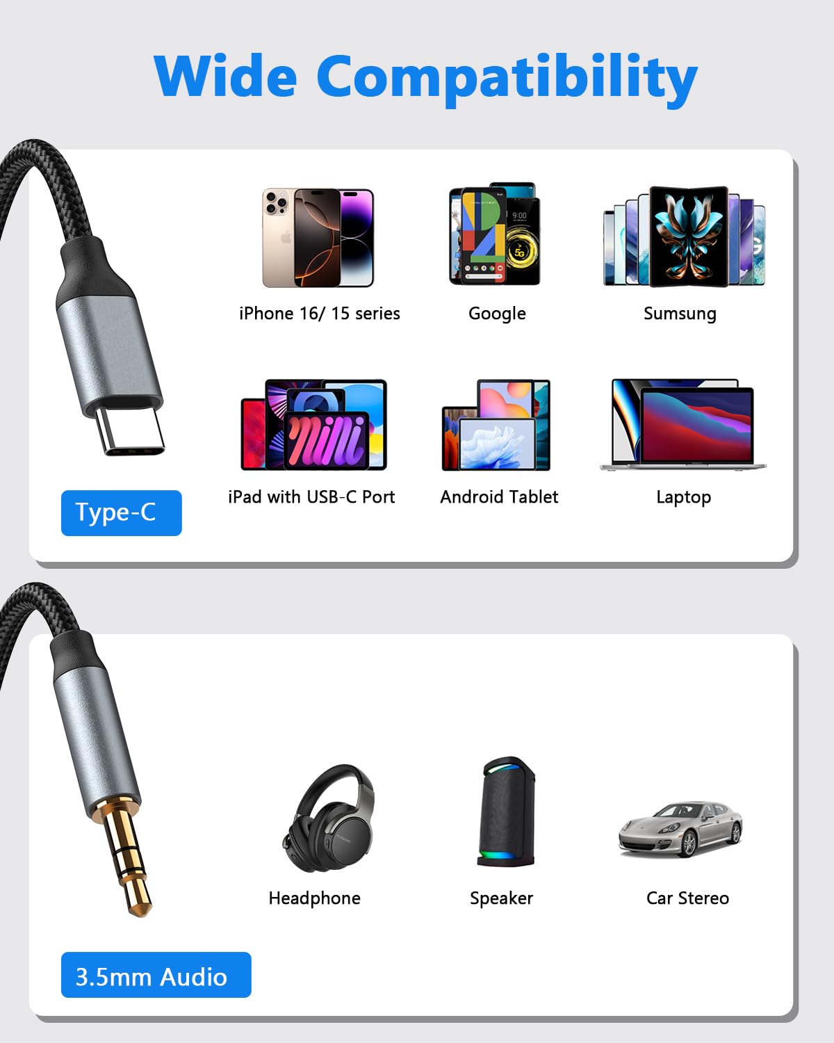 Câble USB C vers 3.5mm Jack 1.2M Adaptateur Stéréo pour iPhone 17 16 15 Samsung Galaxy S23 S22 S21 Note 20 Huawei P40 P30