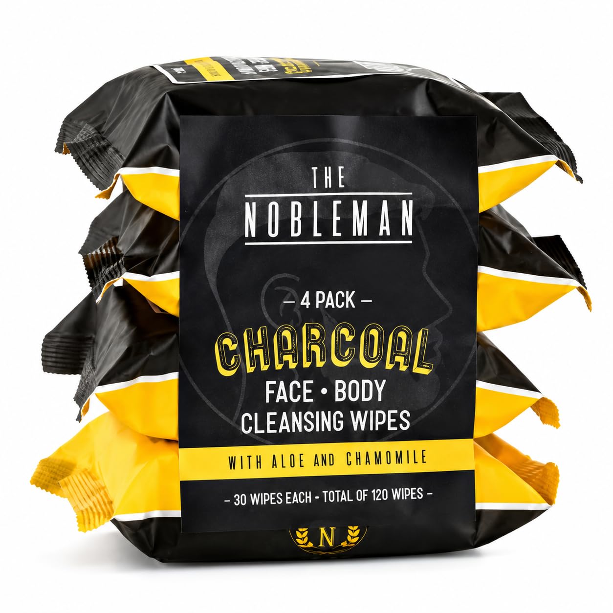 Lot de 4 lingettes nettoyantes pour le visage et le corps au charbon de bois pour homme (120 pièces)