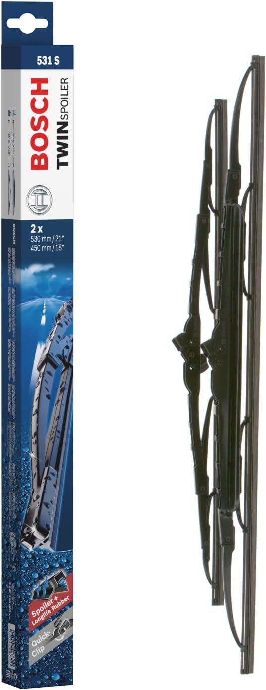 Bosch Twin Spoiler 531 S Limpiaparabrisas Frontal - Set de Escobillas de Recambio una mayor seguridad en la conducción, con Adaptador Quick-Clip Premontado, 53 cm / 45 cm