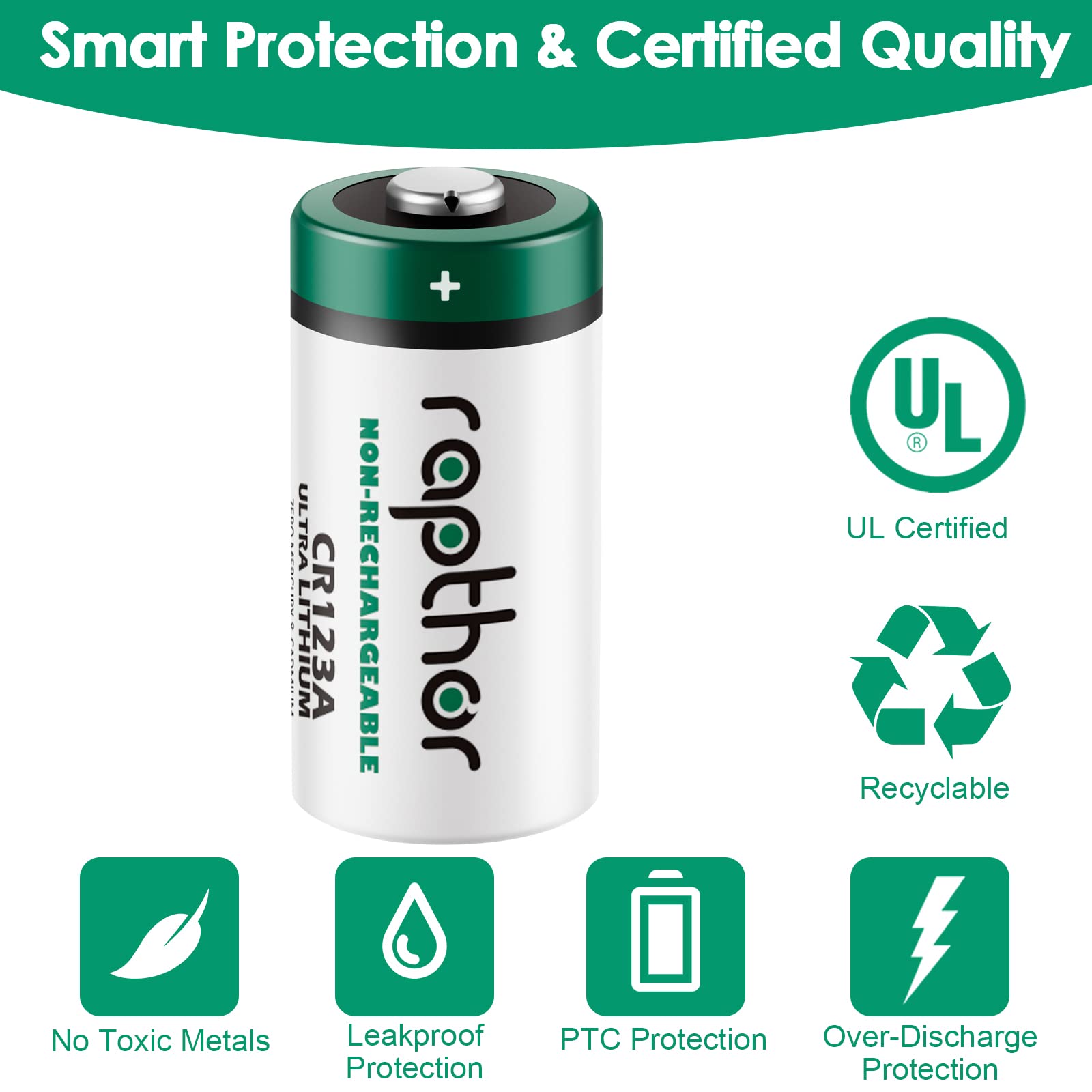 Rapthor Paquete de 32 pilas CR123A de litio de 3 V, 1650 mAh | Baterías no recargables con protección PTC para cámaras, linternas, alarmas y sensores; No para Arlo