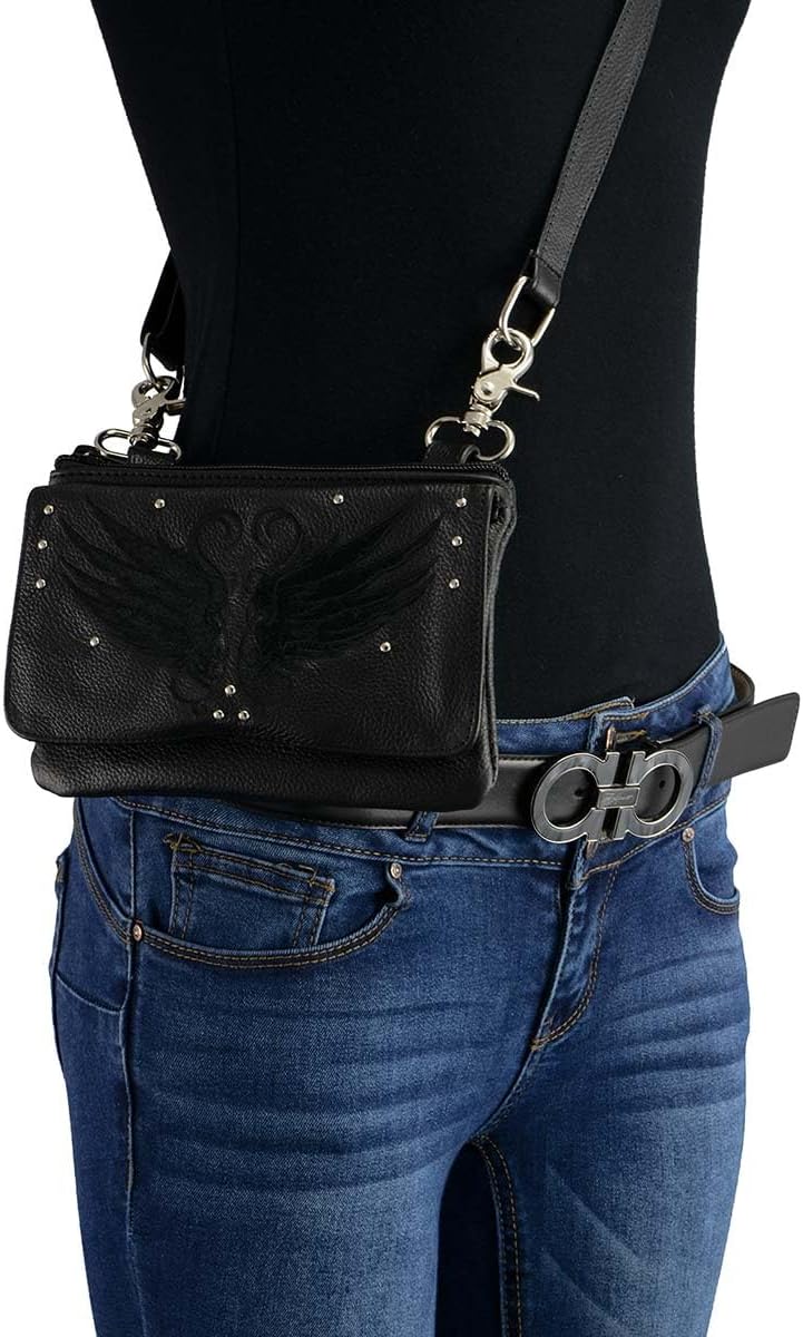 Milwaukee Leather MP8850 Ladies ‘Winged’ Black Leather Multi-Pocket Belt Bag - One Size