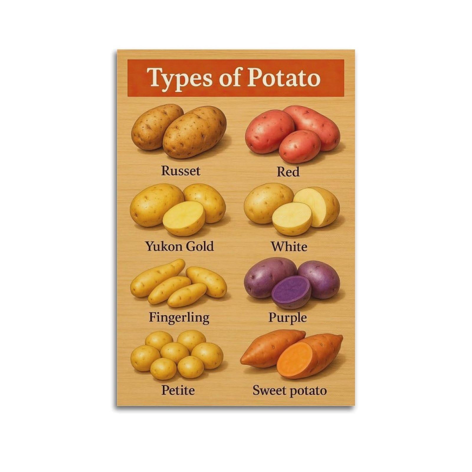 XKUGA Kids' Science Potato Types Guide Poster Modern Decorative Canvas Prints - Ideal Wall Art for Family, Man Cave, Game Room, Boys & Girls Bedroom 20x30inch(50x75cm)