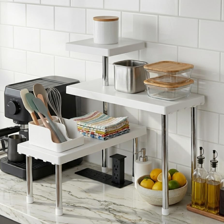 Image of U-Max 3-Tier Multipurpose Corner Kitchen Rack, 3 tier kitchen shelf, Space Saving Countertop Shelf Organizer for Spice Jars, Containers, Cups & Cooking Essentials (White)