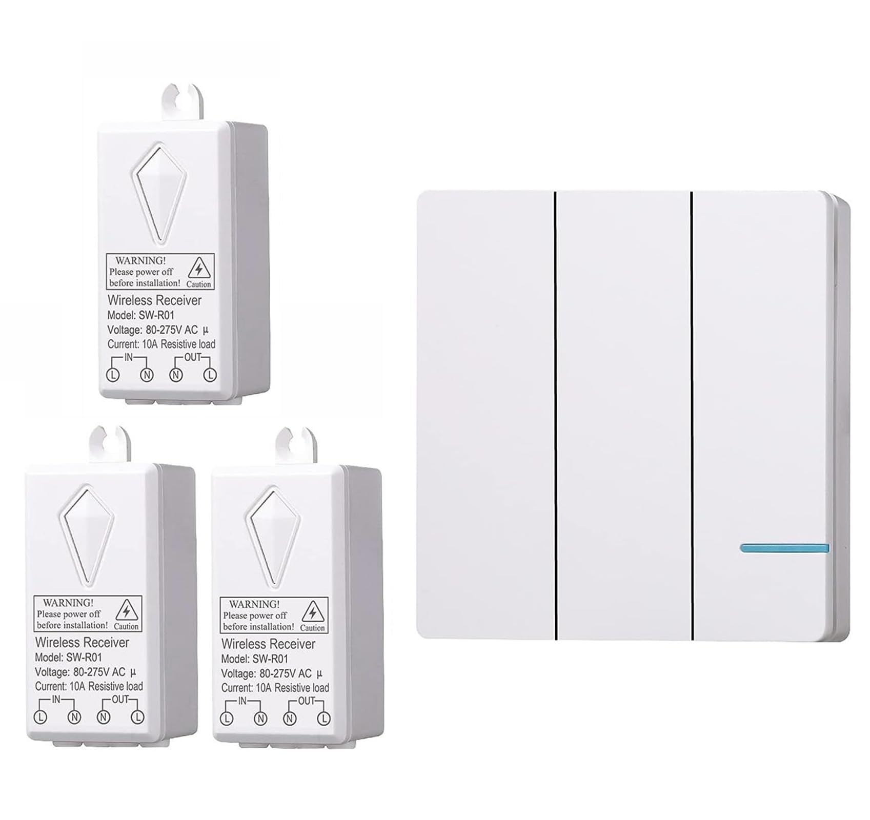 IP54 Waterproof Wireless Light Switch Kit Remote Control No in-Wall Wiring Required Up to 100ft Range Programmable for Ceiling Fans Lamps Easy to Install 1 Three-Way Switch + 3 Receiver