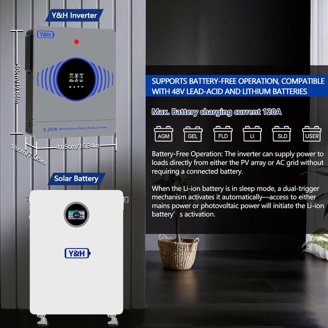 Y&H 6.2KW Hybrid Solar Inverter DC48V to AC220V, Built-in 120A MPPT Controller,8000W 27A PV Input, Battery-Free Operatio, Dual AC Output, for 48V Lead/Li Battery,On/Off Grid Home Energy Storage System