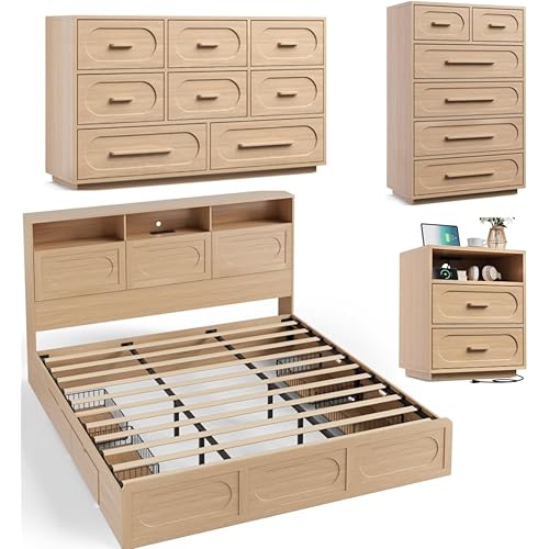 4 Pieces Bedroom Set, Queen Size Bed Frame with Storage Headboard, 44" Tall 6 Drawer Dresser, 54" Wide 8 Drawer Dresser, 2 Nightstands with Charging Station, Natural Oak