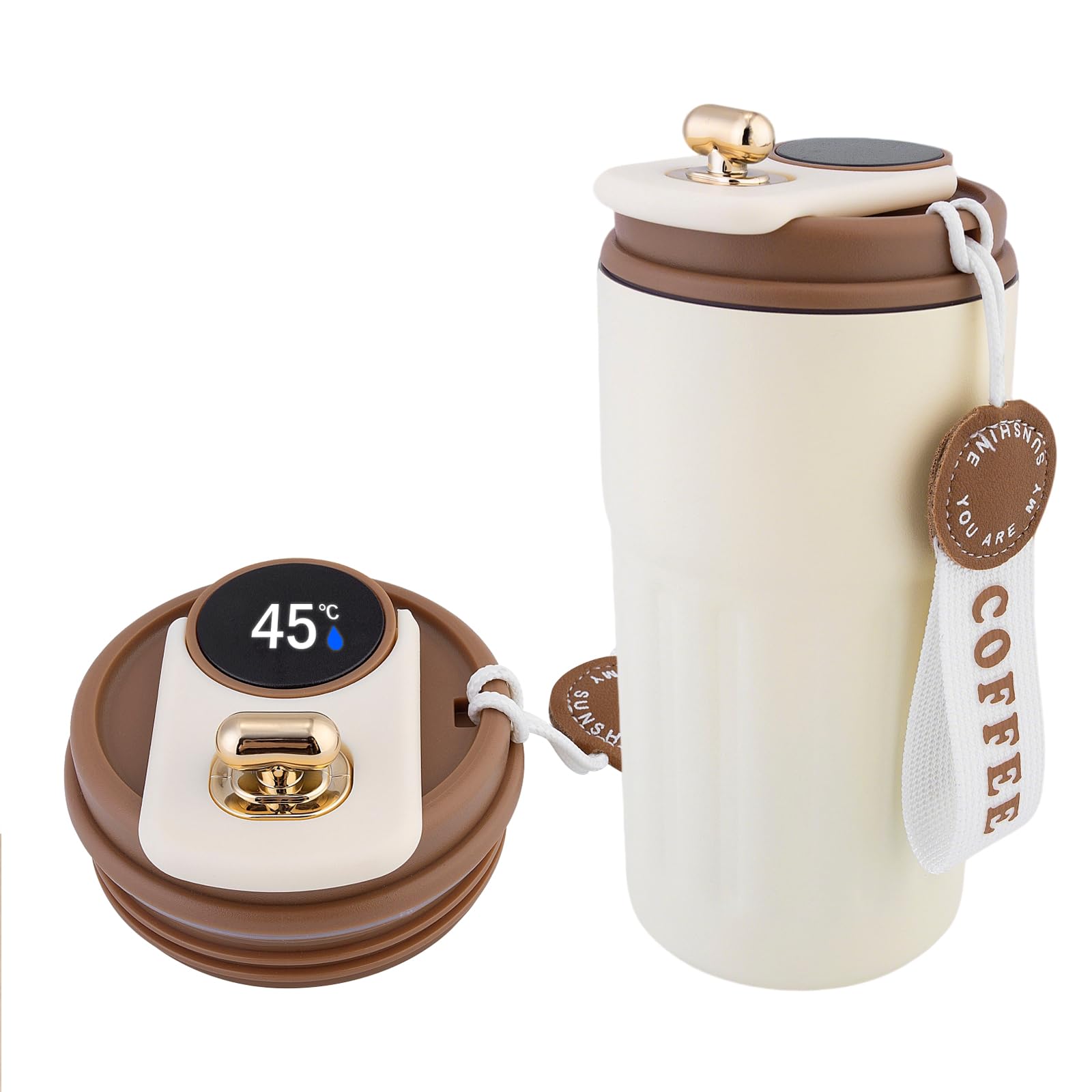 Edelstahl-Kaffeebecher mit Temperaturanzeige, Reise-Kaffeetasse, intelligenter isolierter Reise-Kaffeebecher, Sommer, Kühlaufbewahrung, tragbarer Kaffeebecher für Auto (Weißbraun)