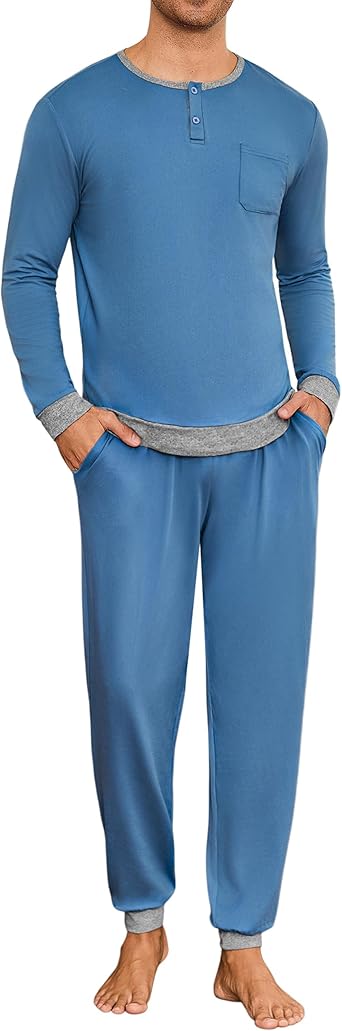Leversic Winterpyjama voor heren, van katoen, tweedelige pyjama met ronde hals, lange mouwen, bovendeel en broek met zakken, zacht en comfortabel, S- 4XL, 467 grijs, M