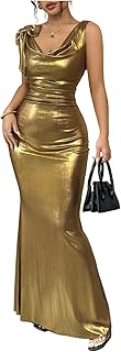 Women's Sexy Open Back Shiny Metallic Maxi Dress Cowl Neck Bow Bodycon C...