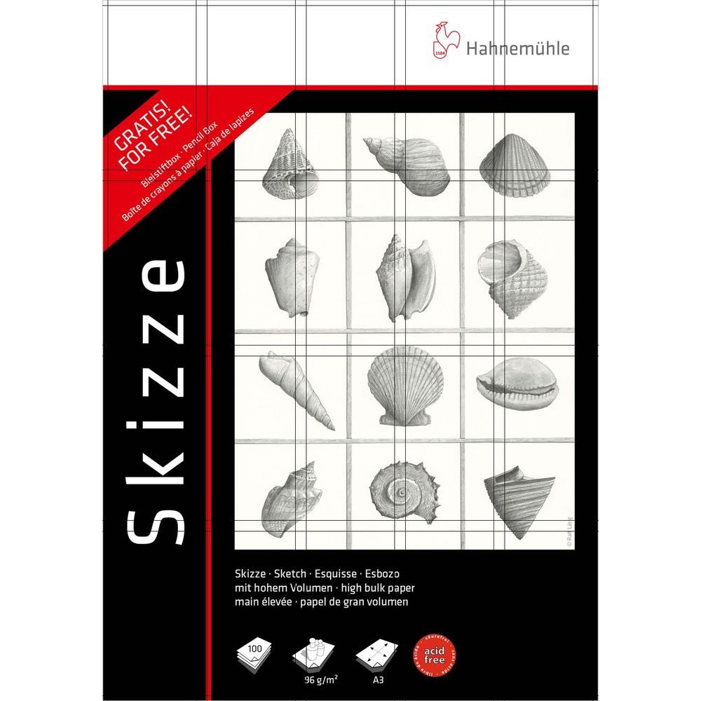 HAHNEMULHE 2 klocki rysunkowe 96G/M2, 100 arkuszy, zestaw 6 ołówków H, B, B2, B4, B6, B8