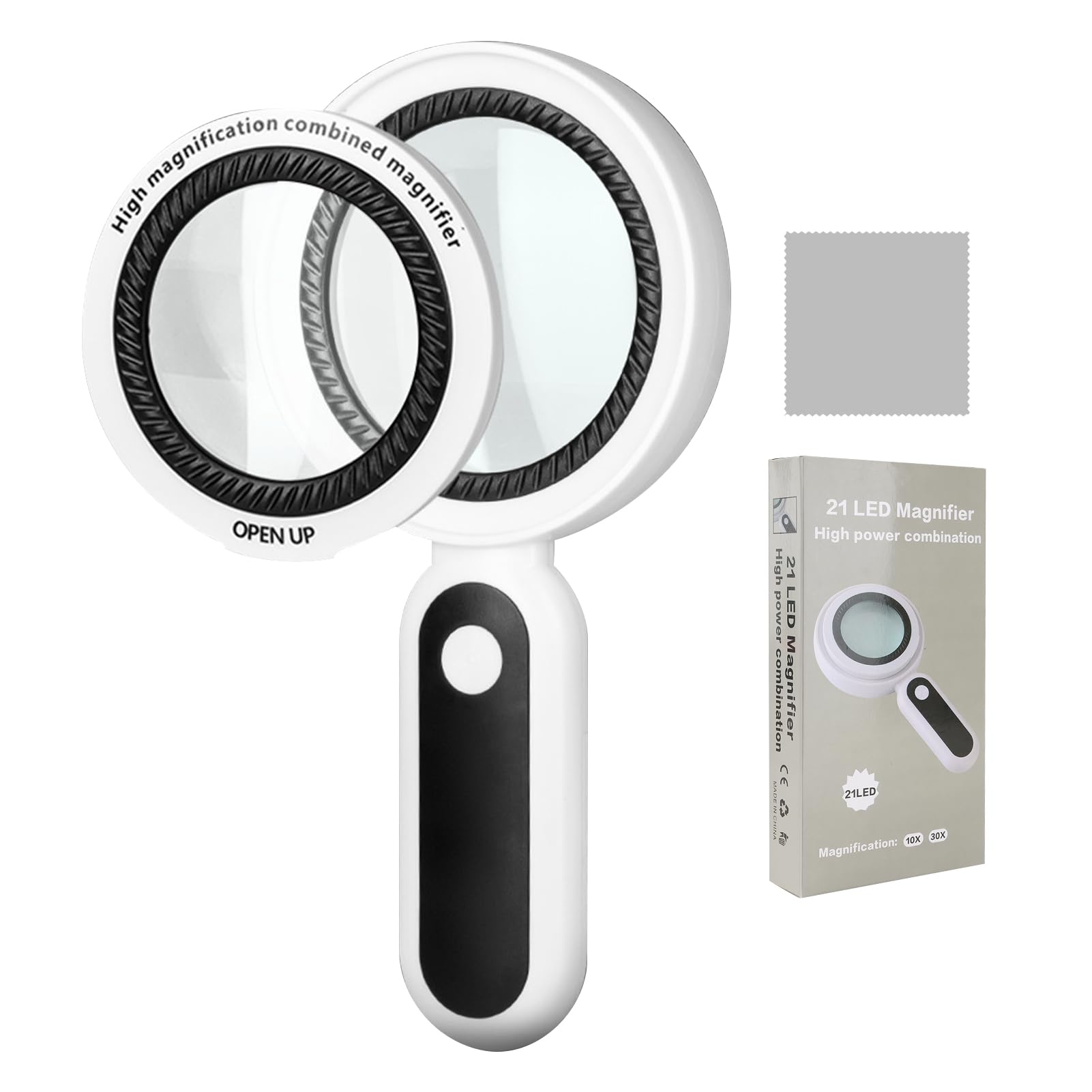 3 Levels Magnifying Glass with Light, Handheld 10×30× Reading Magnifying Glass with 21 LED Double Lenses for Seniors and Low Vision, Ideal for Reading Jewelry Observation and Crafts