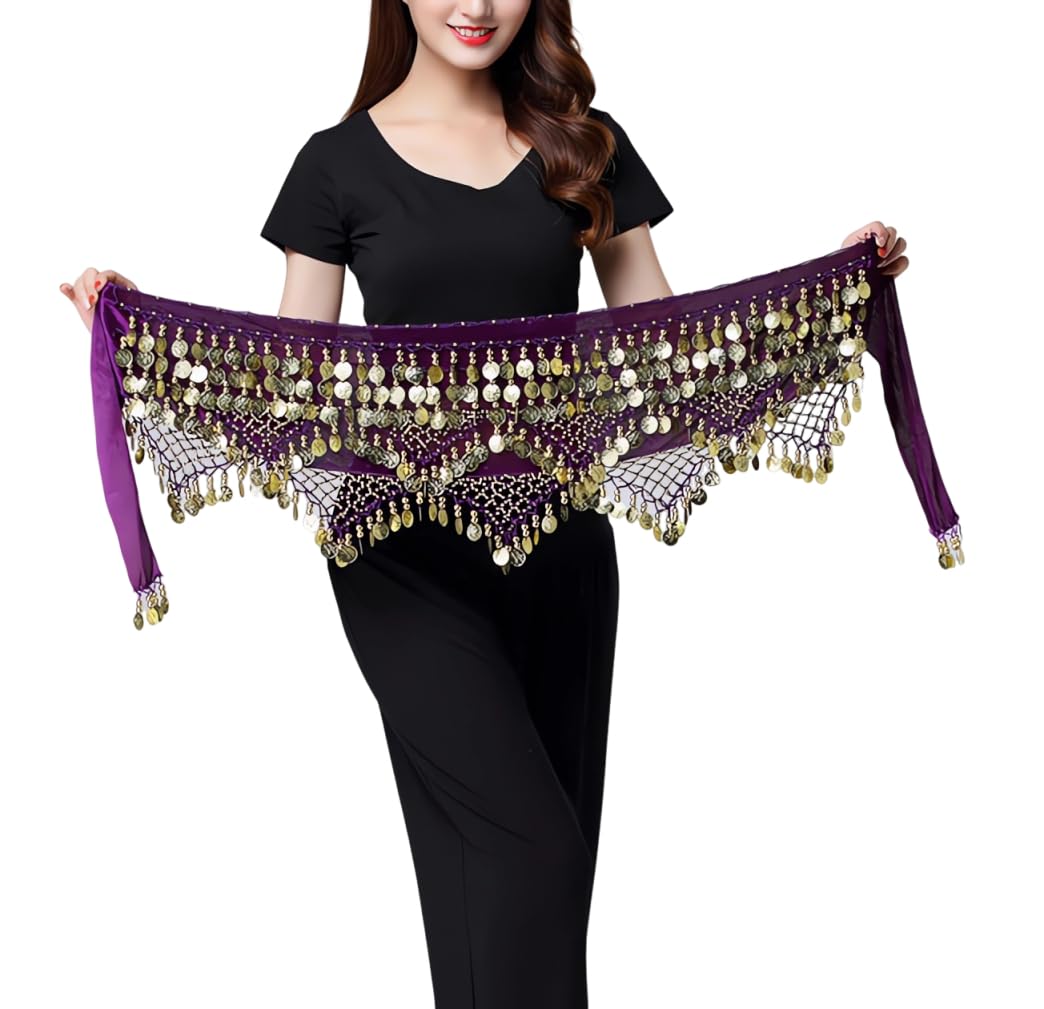 Samheng Women's Purple Belly Dance Hip Scarf With 328 Coins, Velvet Belly Dance Belt With Coin Tassel, Belly Dancing Hip Scarf Wrap Skirt For Stage Performance, Belly Dancer Costumes For Yoga, Belly Dance, Zumba