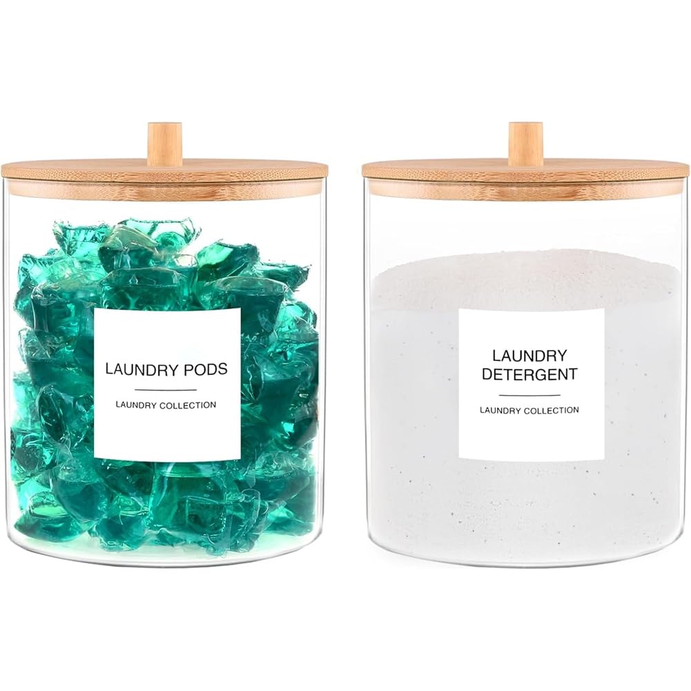 Aundhegrtt Glass Jars Set with Bamboo Lid(2pcs), Laundry Room Detergent Storage Containers Includes 24 Labels for Organized Space