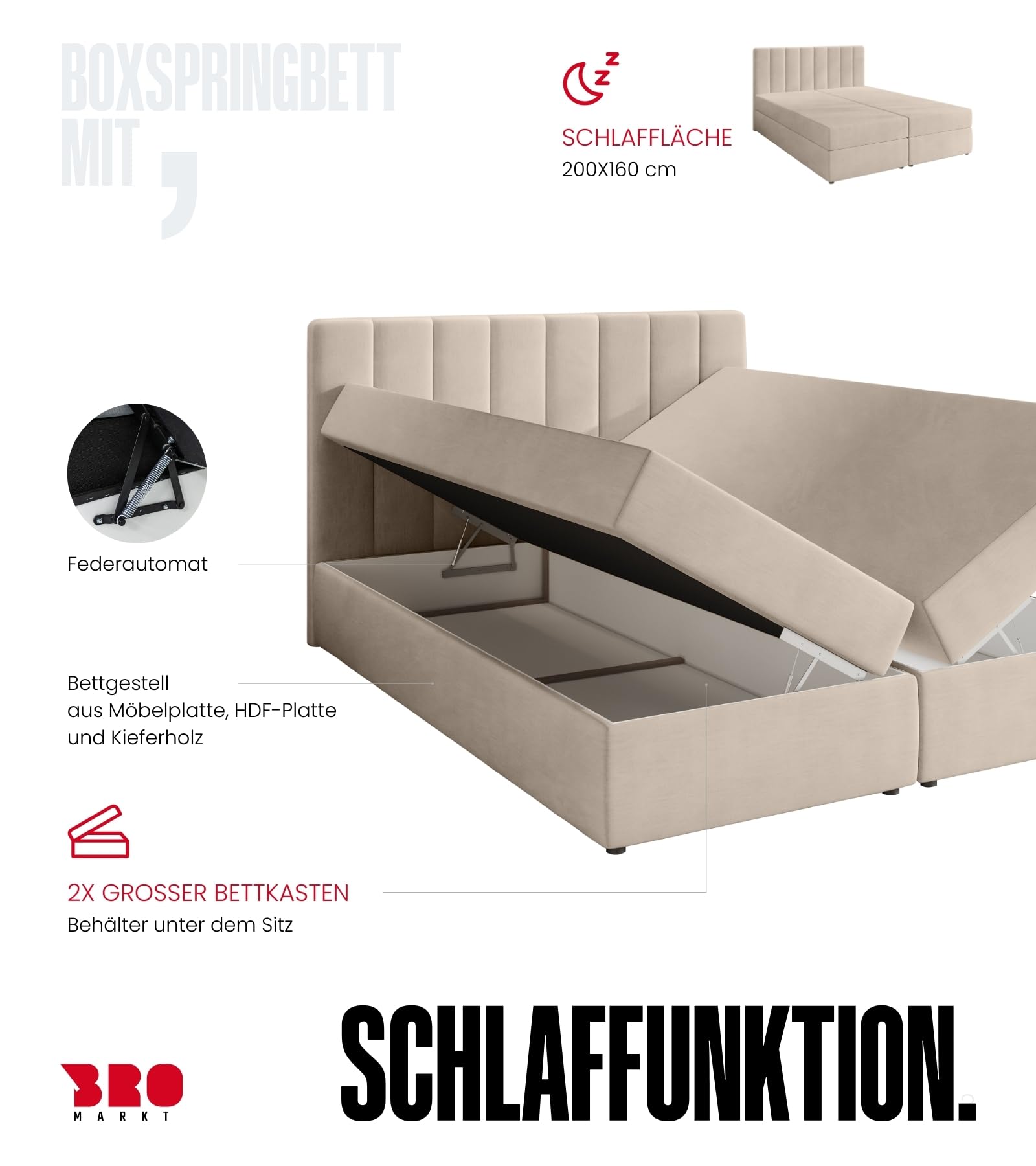 BROMARKT Boxspringbett mit Matratze 160x200cm Bett mit Topper Beige | Polsterbett mit Bettkasten Doppelbett für Schlafzimmer gepolsterte Kopfstütze Bed Bonell Härtegrad H3 DENVER
