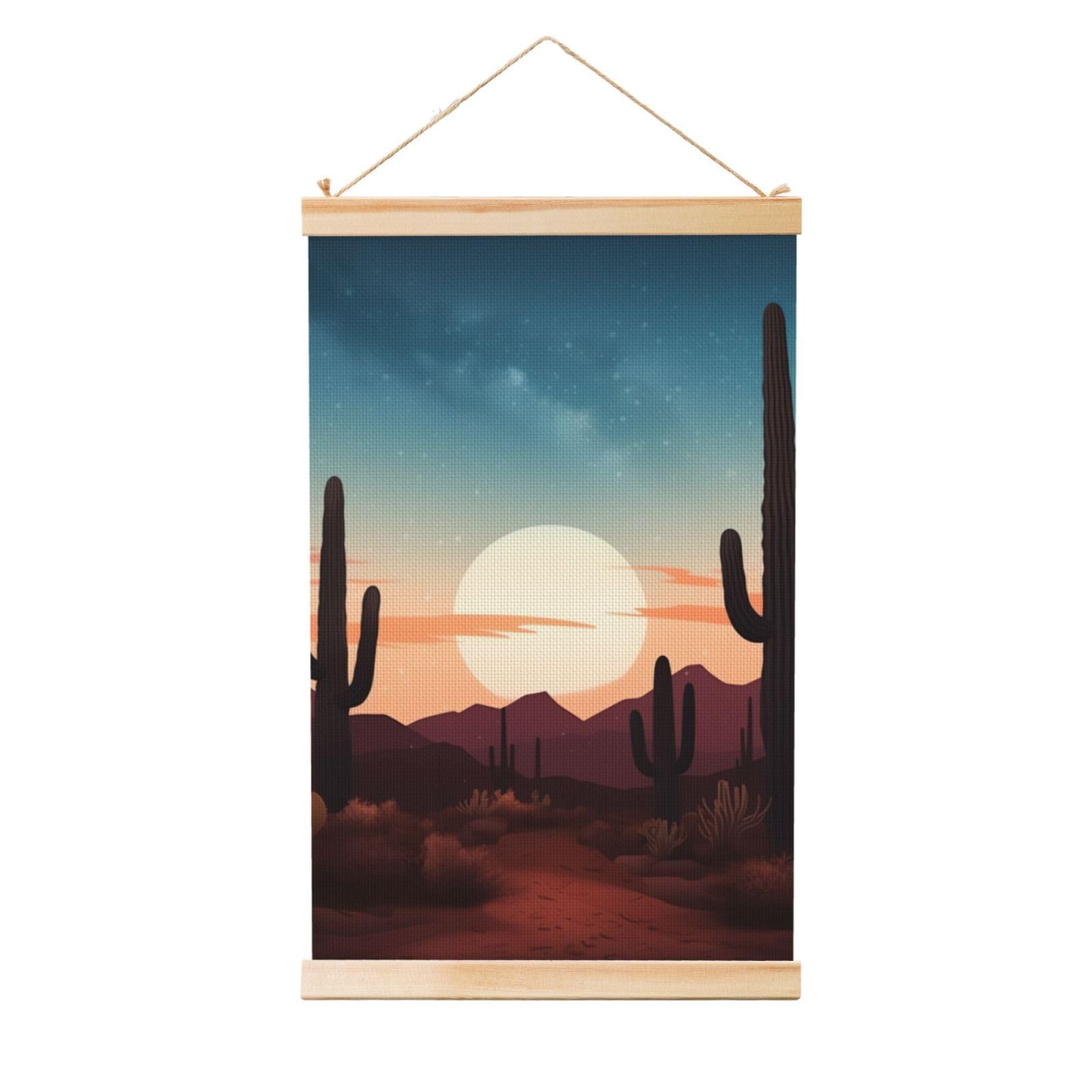 Desert With Cactus Poster Wooden Shaft Hanging Poster Wall Hanging Banner Canvas Artwork with Wood Frames 20"x30" Modern Artwork Decor Ready to Hang Wall Art for Home Decor Scroll Painting