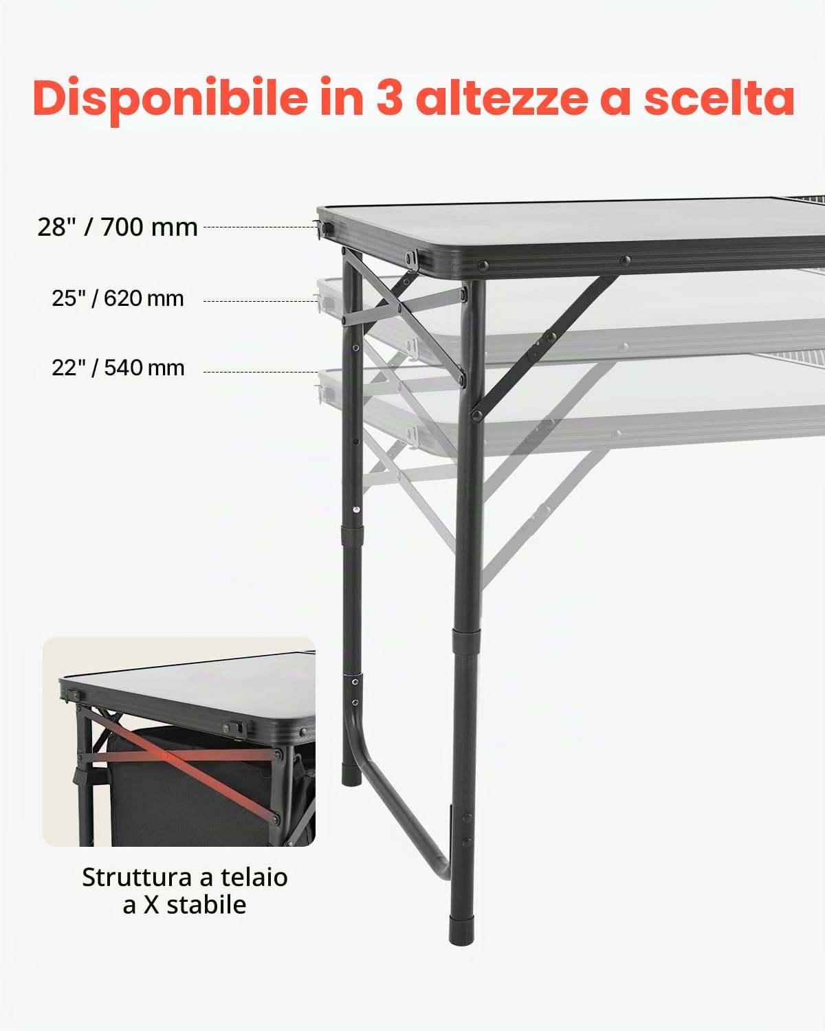 VEVOR Tavolo da Cucina da Campeggio, 3 Altezze Regolabili, Stazione di Cottura Portatile Leggera in Alluminio con Organizzatore per Riporre Oggetti, Maniglia per Trasporto, per Barbecue, Feste, Nero