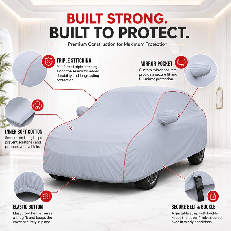 Image of Maruti WagonR Car Cover for LXi CNG, VXI, CNG & VXI ABS 2010-2018 Models 100% Waterproof, All Weather Protection, Mirror & Antenna Pocket, Soft Inner Lining, Triple Stitched (Dark Grey)