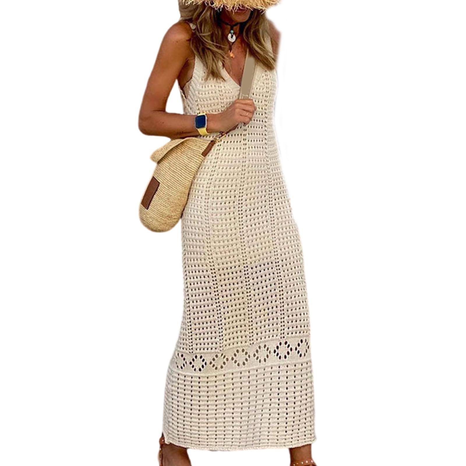 Elegante abito lungo in maglia scavata per costumi da bagno Beach Coverup Dress Comodo per feste in piscina e vacanze al mare