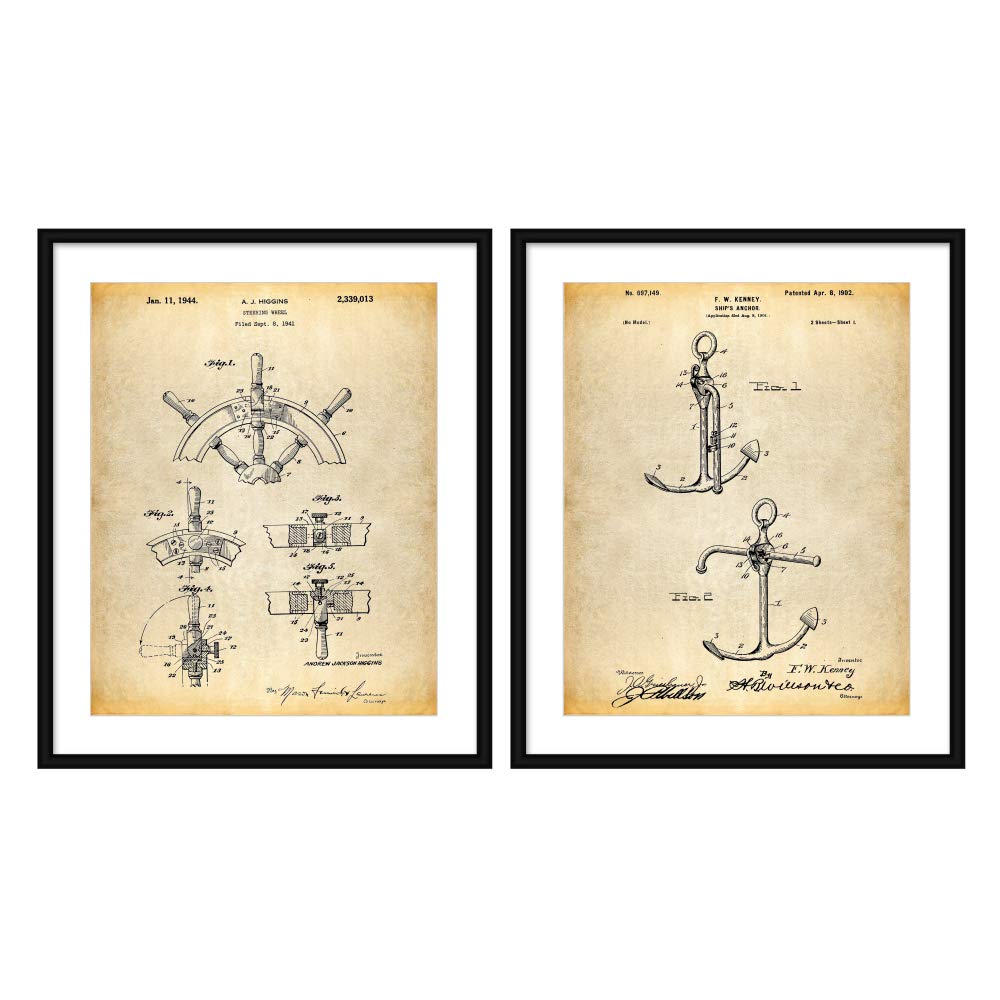 Bestbuddy PetShip Steering Ship Anchor Wheel Patent Poster Set of 2 Nautical Decor Ship Wheel Nautical Wall Art Boat Décor N048