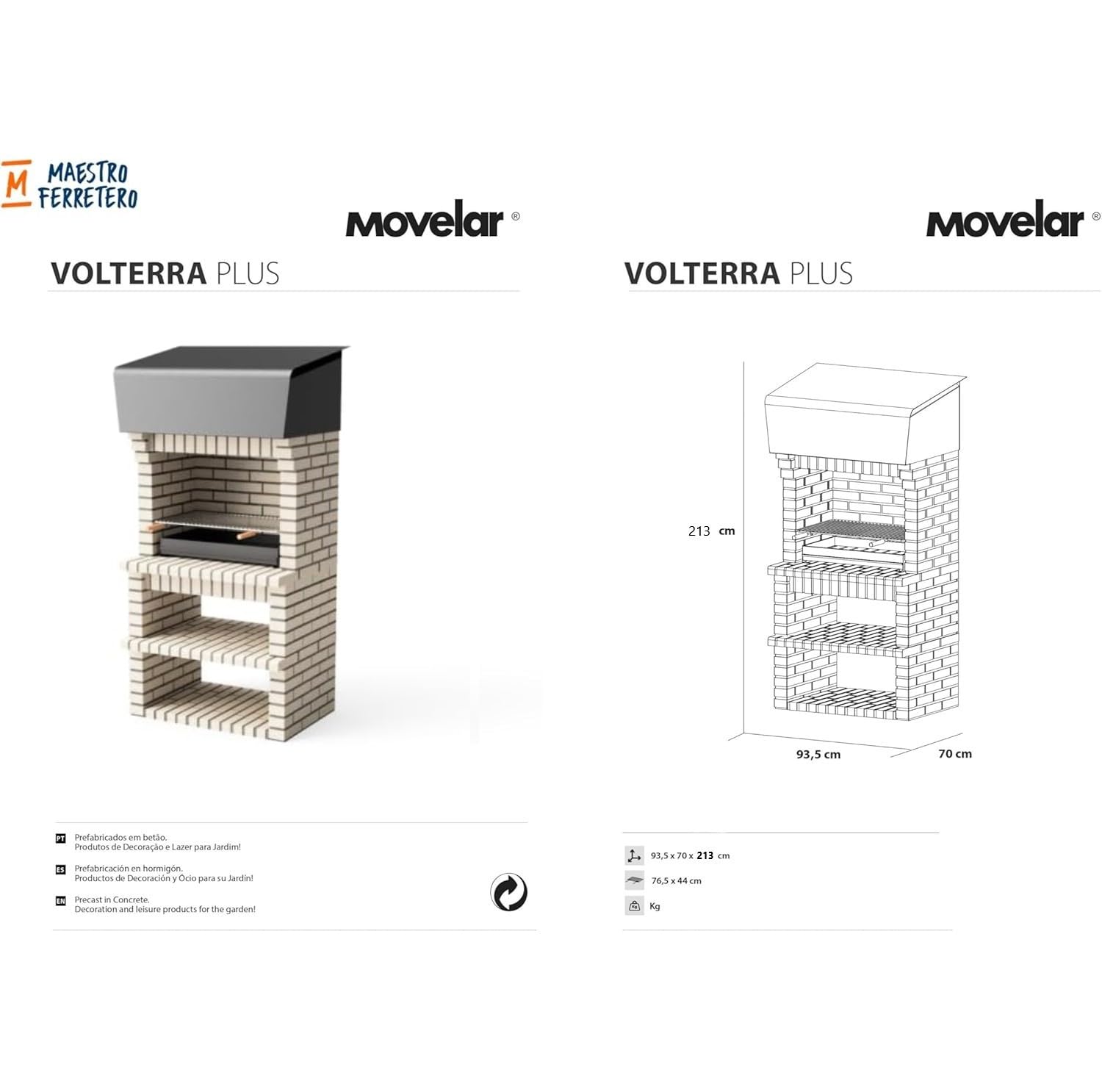 MOVELAR - Barbacoa de Obra Prefabricada para Leña y Carbón Modelo VOLTERRA (Beige - 94 x 70 x 213 cm) REF: M00925 - Uso en Exteriores
