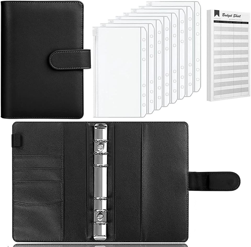 Funito A6 PU Leather Binder Budget Planner Organizer 6 Ring Binder Cover, 8Pcs Binder Pockets,12Pcs Expense Budget Sheets & 2Pcs 26 Categories Sticker Labels, Money Saving Binder for Budgeting
