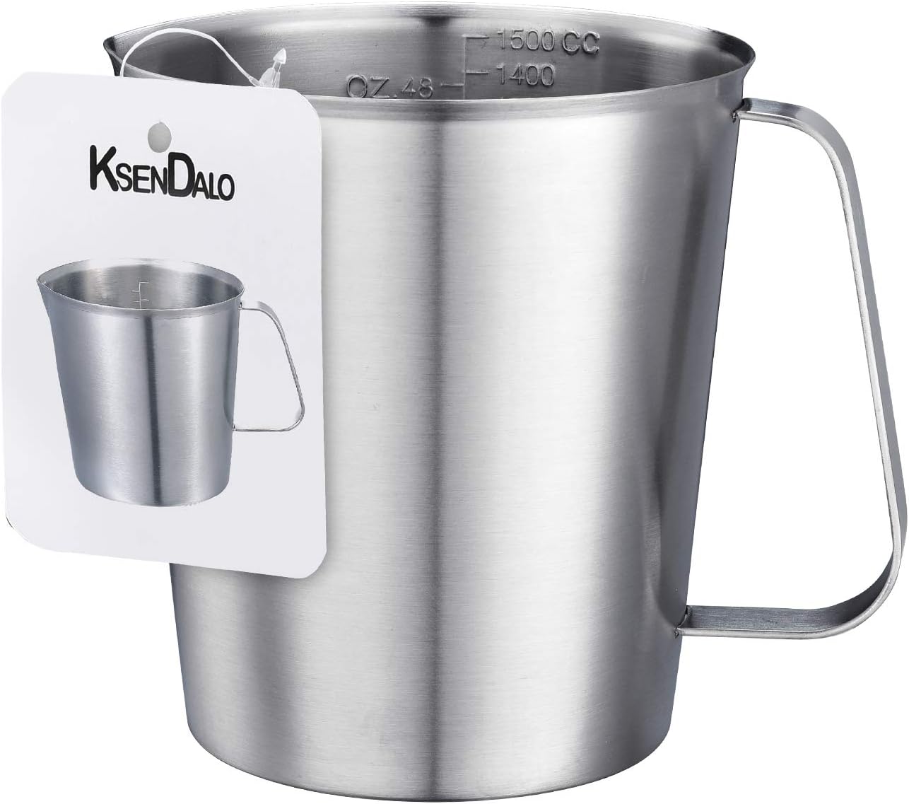 48Oz/6Cup Stainless Steel Pitcher (SUS304), 1.50 Liter Metal Container for Water, Milk, Liquid with Handle with Engraved Markings, Silver