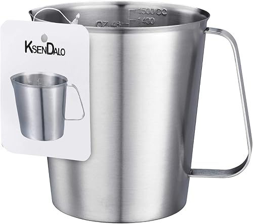 KSENDALO Taza medidora de acero inoxidable SUS304 de 48 onzas6 tazas, marcas grabadas con precisión para líquidos, café, leche y espresso, jarra