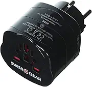 SwissGear Continental Europe Grounded USB Adaptor, Electrical Travel Adapter, Black