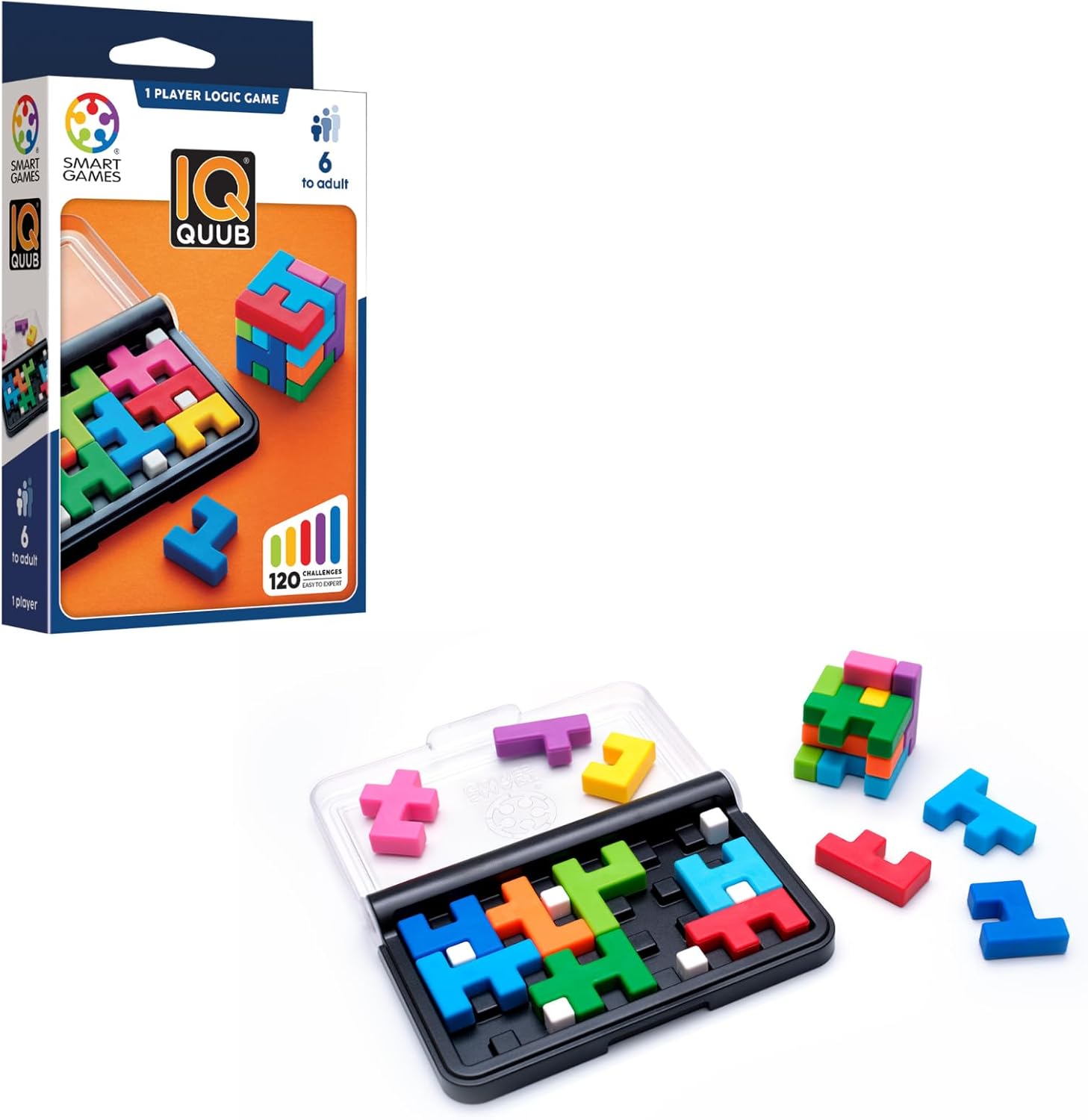 SmartGames IQ Quub – 2-in-1 Travel Logic Puzzle & 3D Cube Building Game with Soft Touch Pieces, 120 Challenges, STEM Brain Teaser for Kids and Adults, Ages 6 - Adult