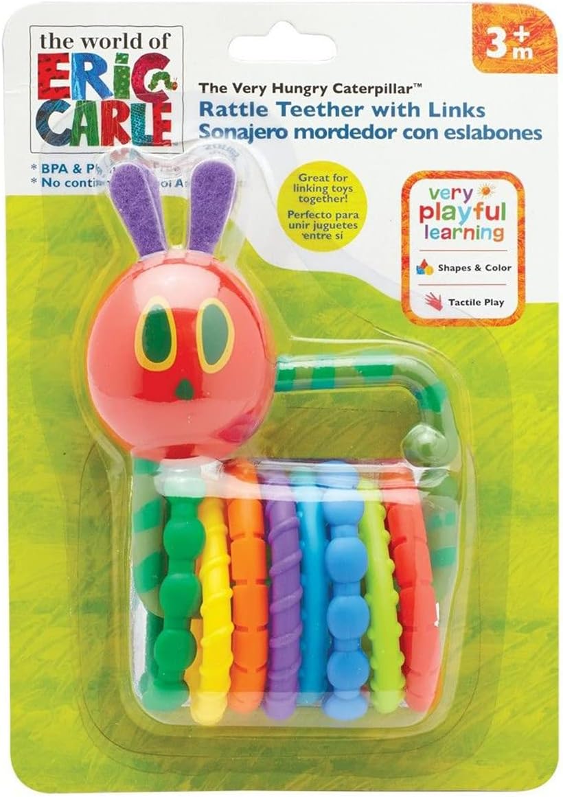 KIDS PREFERRED Toddler Plastic Eric Carle The Very Hungry Caterpillar Rattle Teether With Links, 6",Multi