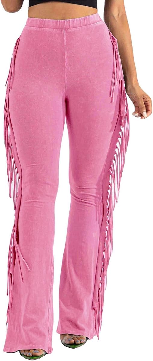 KANSOON Fringe Pants for Women High Waisted Flare Leggings | Washed stretch cotton blend, elastic waist, fitted through hips and thighs, side fringe, cowgirl looks, festivals, concerts