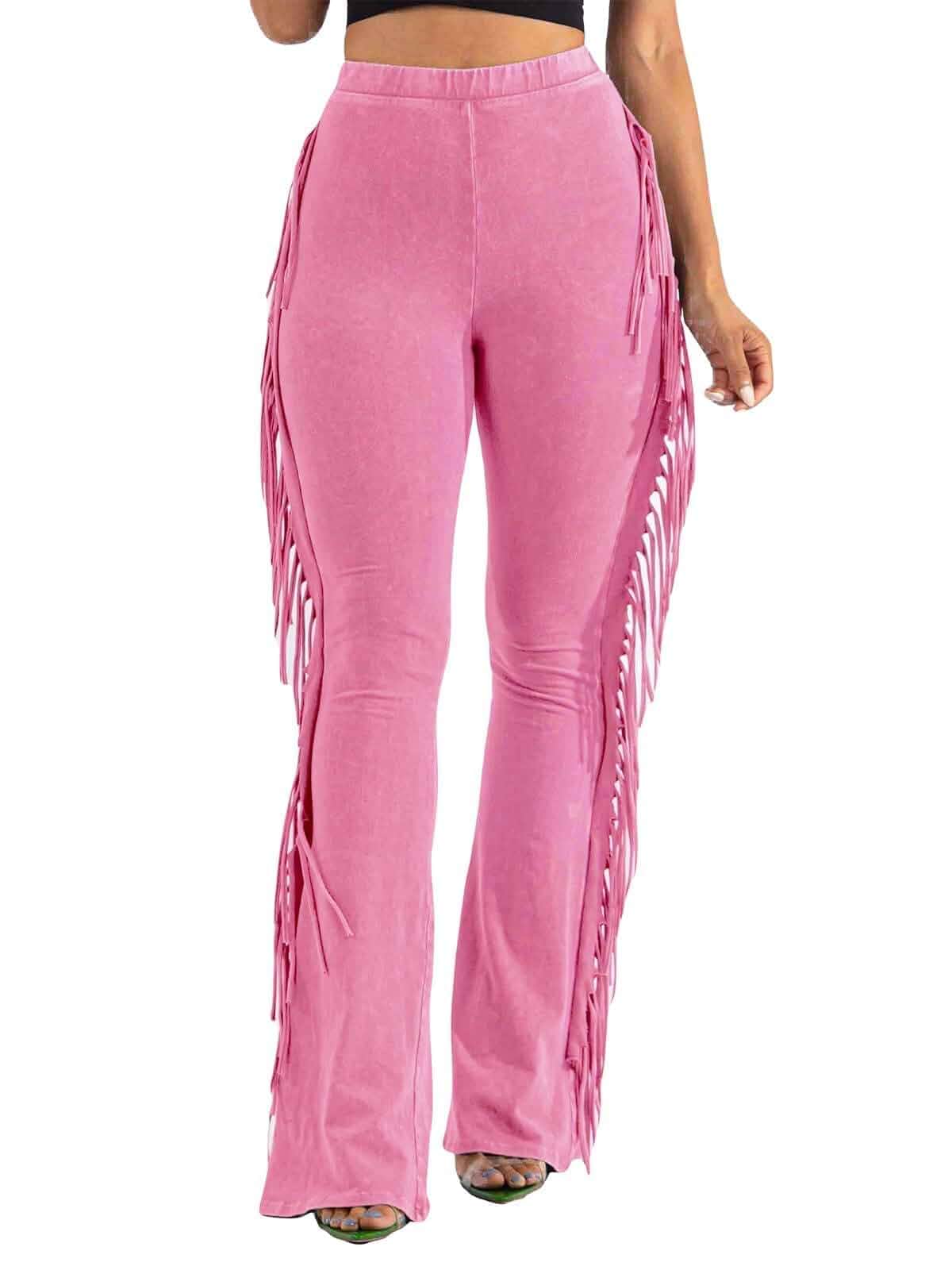KANSOON Fringe Pants for Women High Waisted Flare Leggings Washed stretch cotton blend, elastic waist, fitted through hips and thighs, side fringe, cowgirl looks, festivals, concerts