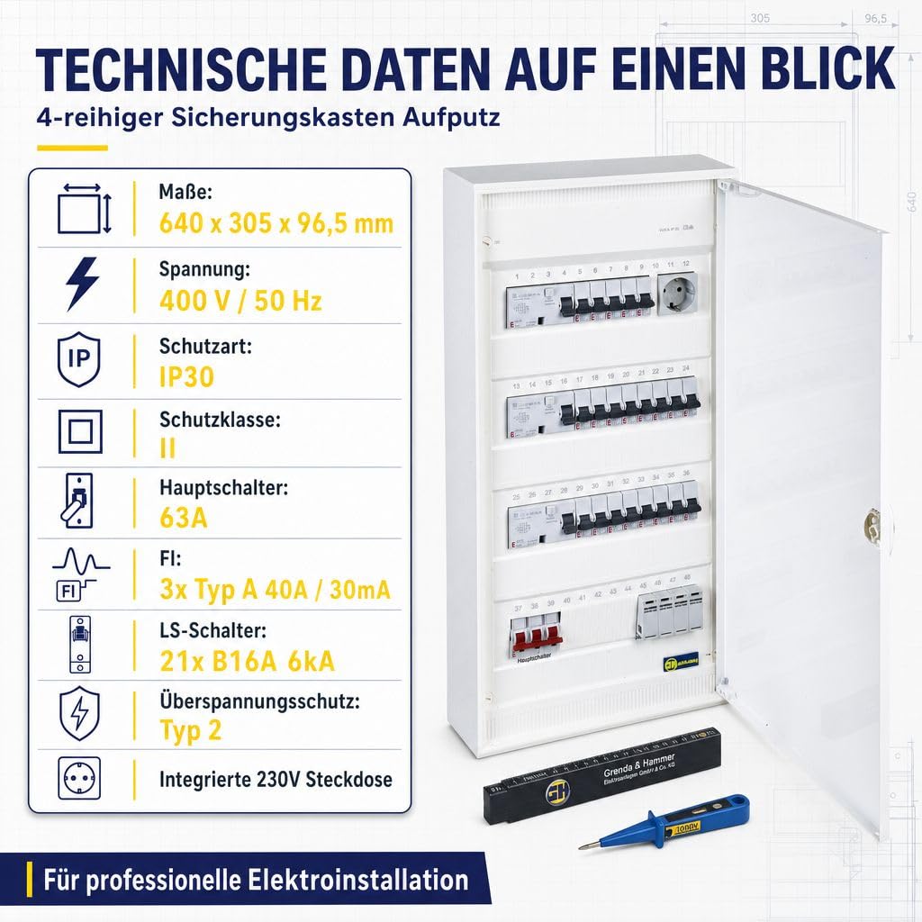 grenda-hammer Sicherungskasten Aufputz 4-reihig komplett verdrahtet, Stromverteiler mit Hauptschalter, 3x FI Schutzschalter, 21x LS-Schalter B16A, Überspannungsschutz Typ 2, Verteilerschrank