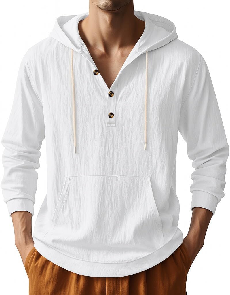 Men's Linen Hoodie Lightweight Hawaiian Shirt Casual Beach Shirt with Pockets