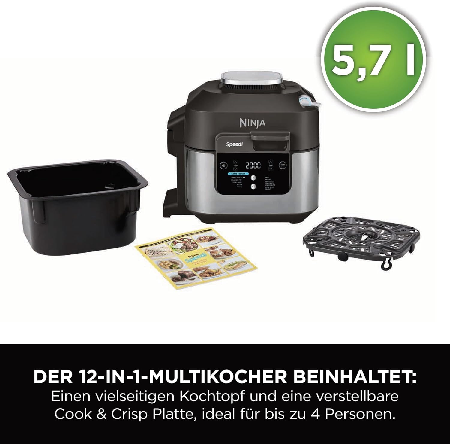 Ninja Speedi ON500EU multicooker, 5,7 l, multicooker, frytkownica na gorące powietrze, powolne gotowanie, grillowanie, pieczenie, czarna