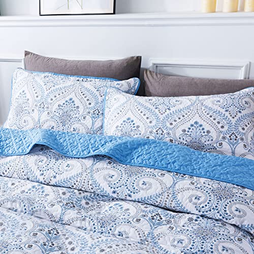 NEWLAKE Cotton Bedspread Quilt Sets - Reversible Patchwork Coverlet Set, Blue Classic Royal Pattern, California King Size