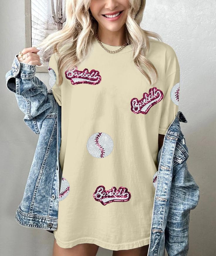 Baseball Shirts Women Oversized Sparkle Baseball Sequin Graphic Tee Baseball Mom Shirt Game Day Gifts Short Sleeve Tops - Image 2
