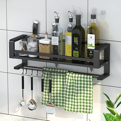 Spice Rack Wall Mounted, Wall Shelf with Towel Holder Roll and Hooks, Racks Multi-Purpose Suitable for Kitchens,Bathrooms Organiser Cover