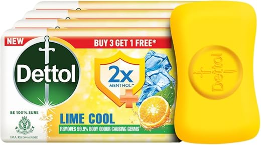 Dettol Lime Cool Bathing Soap Bar with 2x Menthol (300gm) | Long Lasting Freshness, 75gm – Pack of 4