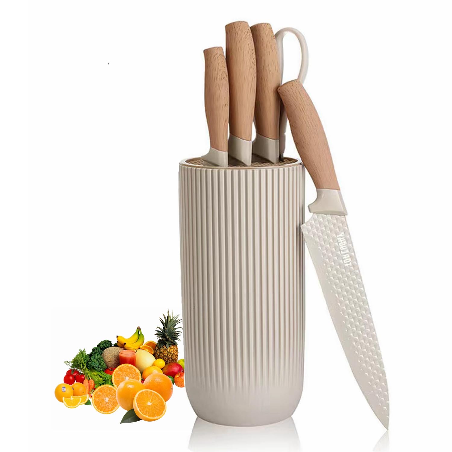 Kitchen Knife Set. 6-Pieces Luxury Wooden Coating, Light Wood Grain Handle, Stainless Steel Non-Stick Sharp Blade Chef Knife Set with Cylindrical Knife Block for Gift