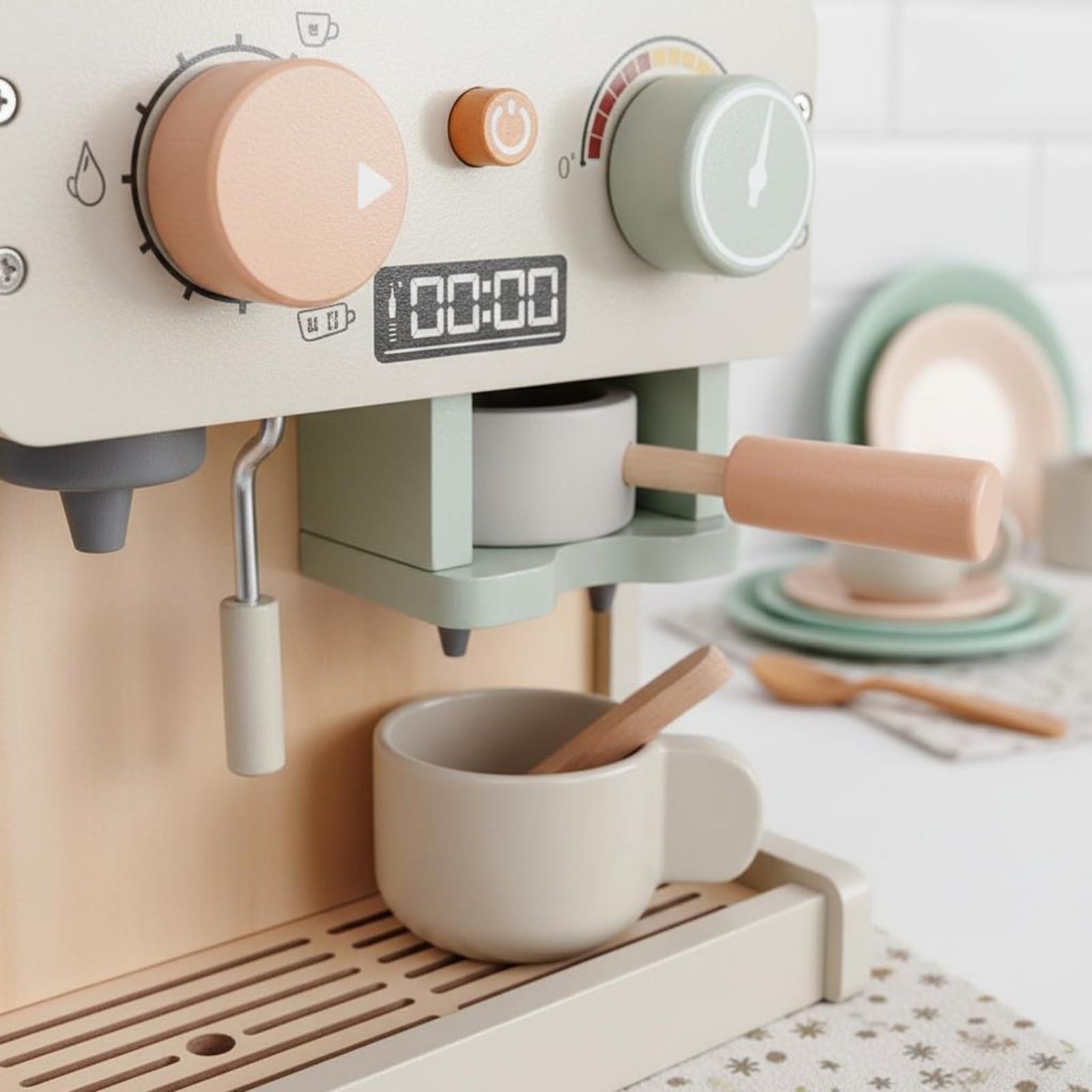 Cucina Giocattolo Bambini Macchina Del Caffè Giocattolo Set Caffetteria Finta Accessori in Legno con Tazze Cucchiaini Pannello Adatta per Gioco di Ruolo Cameretta Momenti Attività Educative