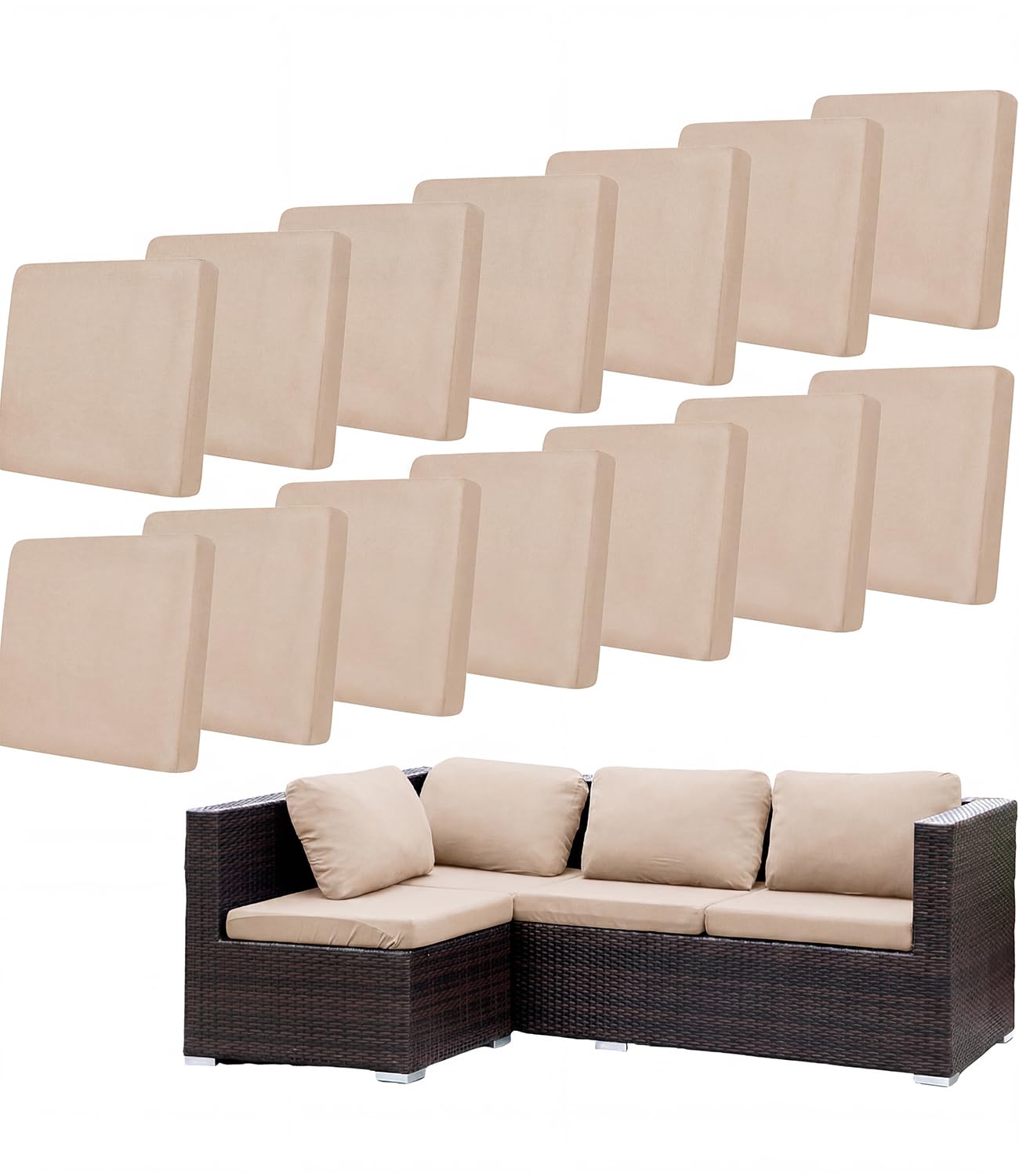 Hiseng Outdoor Cushion Covers, 14 PCS Beige Patio Seat Cushion Covers, Stretch Sofa Seat Slipcovers, Couch Slipcover Replacement for Individual Cushion with Elastic Bottom
