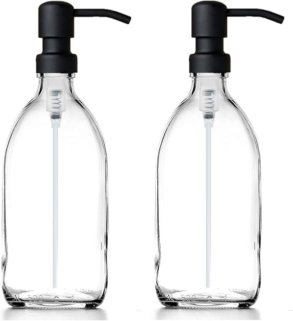Clear Glass Bottles 500ml Soap Dispenser with Metal Pump (BPA-Free) Clear Flint Glass Empty Soap Dispensers  Reusable Refillable Eco friendly, Sustainable Living/ Gift (Satin Black Finish, 2)