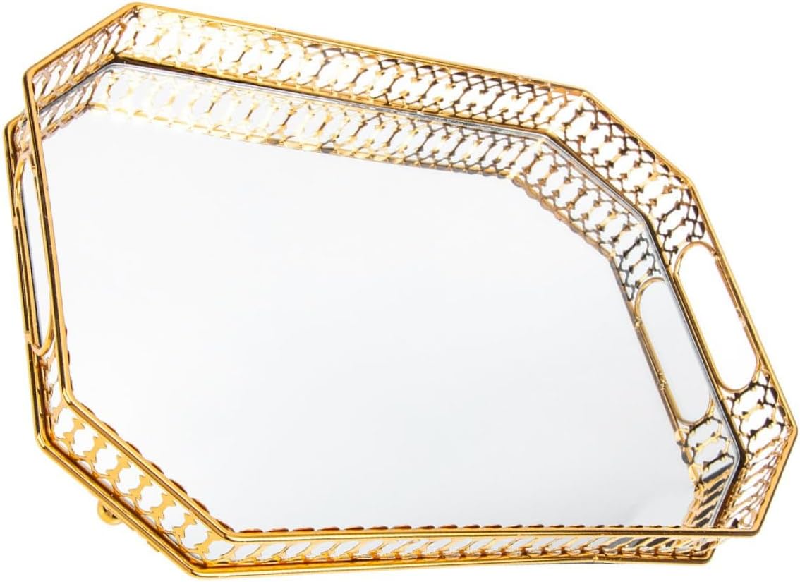 Elegant Gold Iron Art Mirror Tray for Jewelry and Perfume Storage Compact Rectangular Vanity Organizer for Bedroom Bathroom Countertop Stylish Metal and Glass Decorative Holder