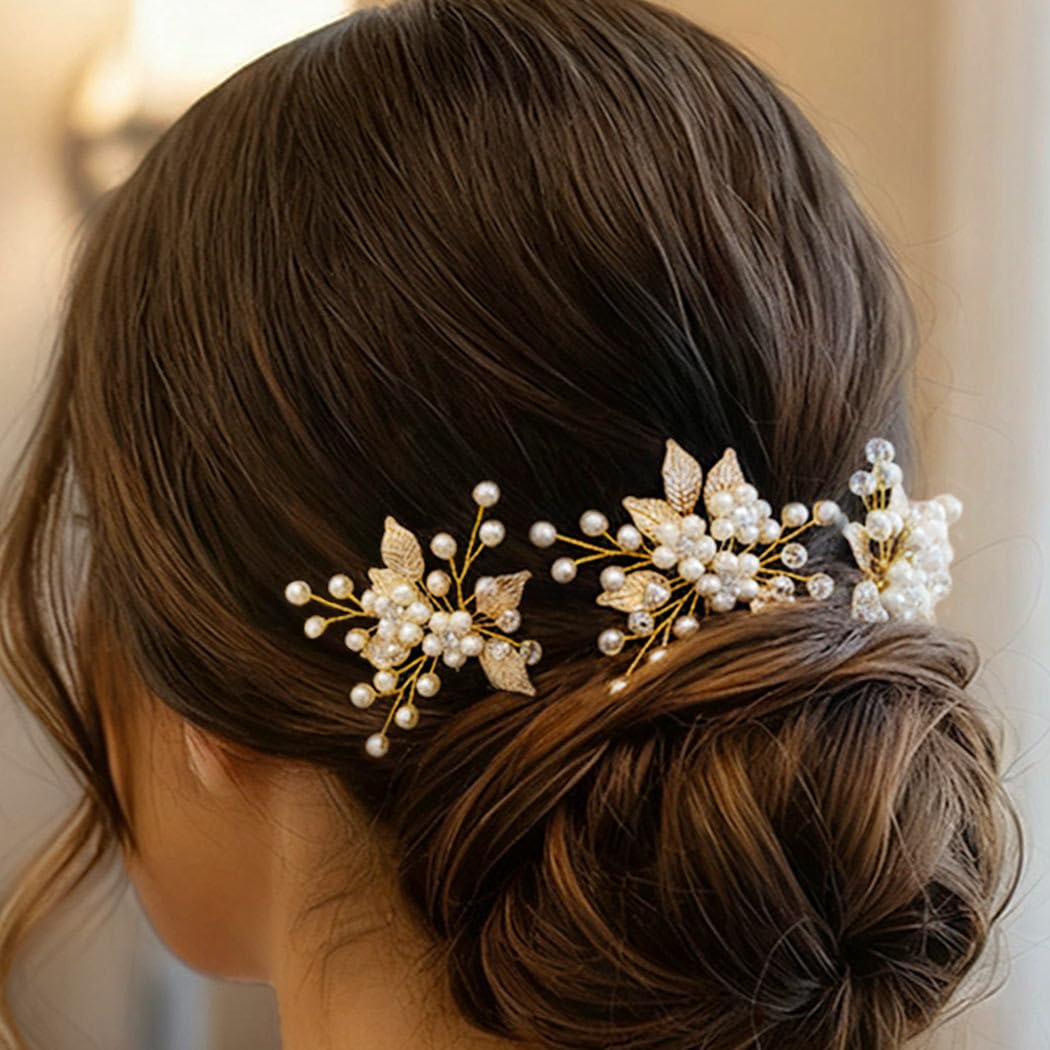 Heread Pearl Bride Wedding Hair Pins Leaf Bridal Head Piece Flower Hair Accessories for Women and Girls (Pack of 3) (Gold) - Image 3
