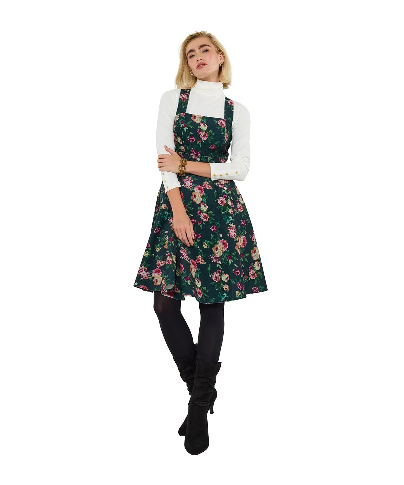 Joe Browns Women's Moleskin Floral Print Pinafore Dress, Regular Fit, Green, UK 6, Model WF398A