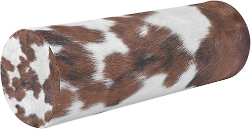 xigua Almohada enrollable de cuello de vaca con estampado blanco y marrón para alivio del cuello con funda extraíble lavable, cojín de cilindro